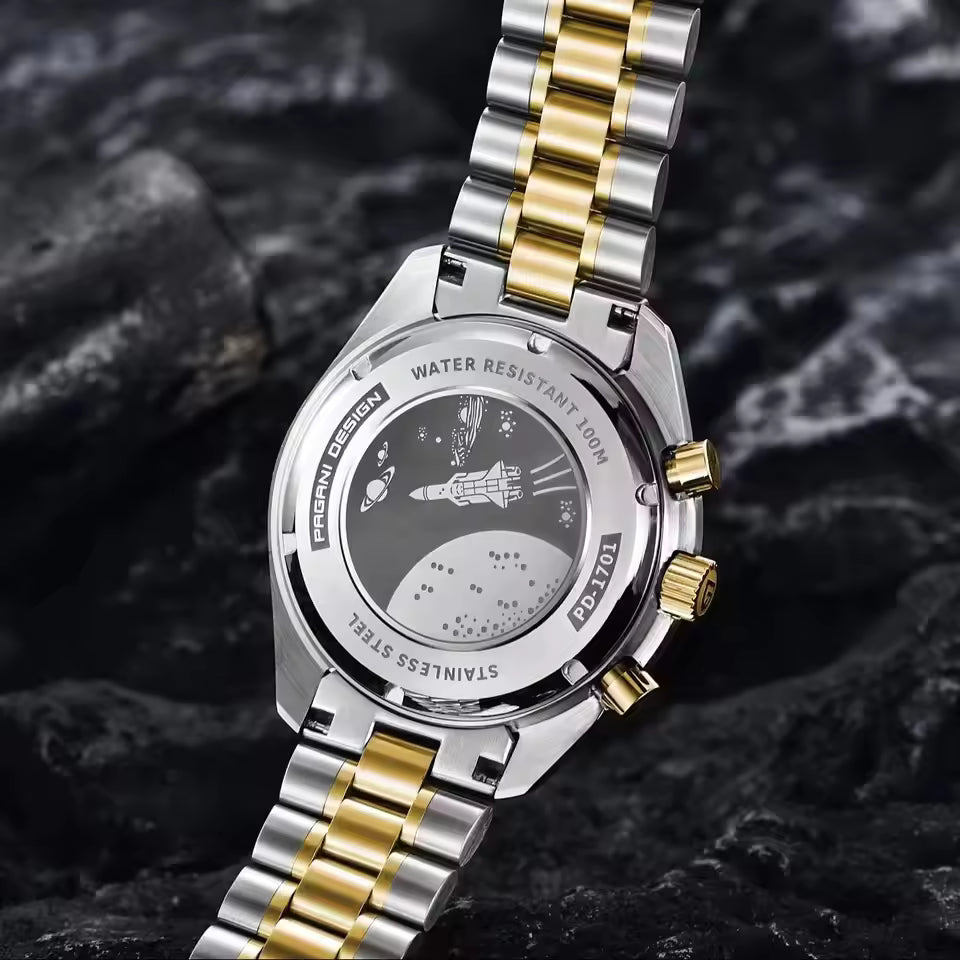 Pagani Design PD-1701 | Speedmaster Gold Two Tone Chain Black Dial