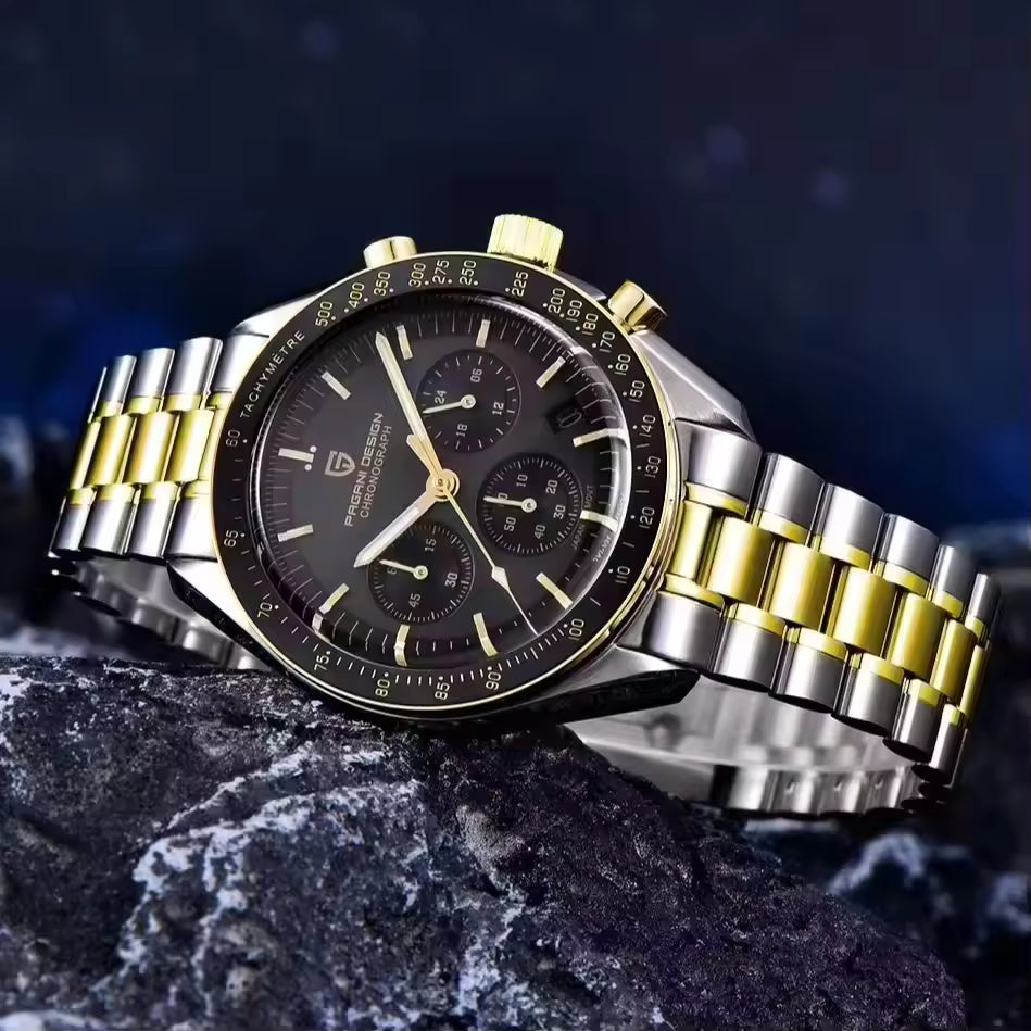 Pagani Design PD-1701 | Speedmaster Gold Two Tone Chain Black Dial