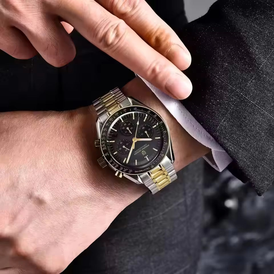Pagani Design PD-1701 | Speedmaster Gold Two Tone Chain Black Dial