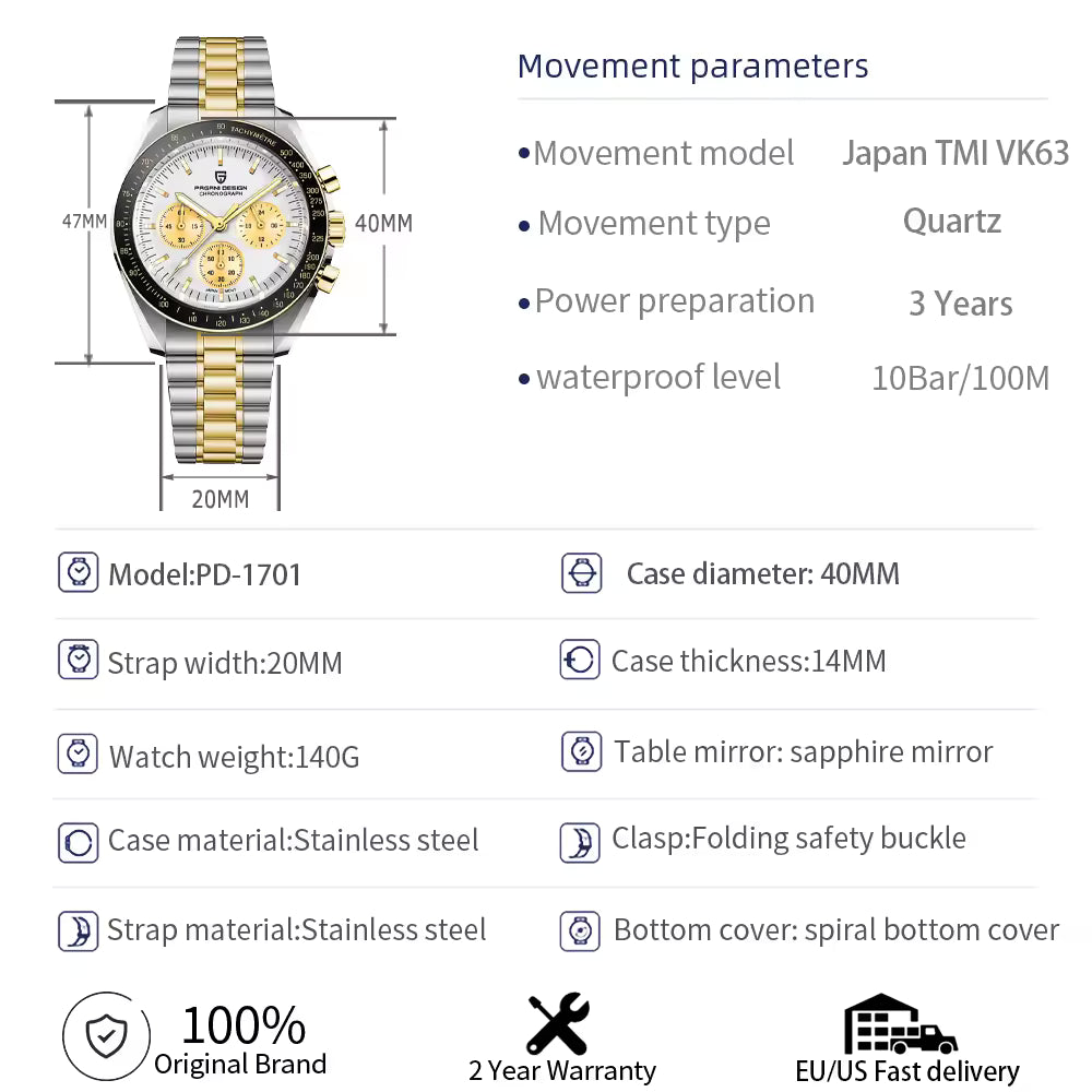 Pagani Design PD-1701 | Speedmaster Gold Two Tone Chain