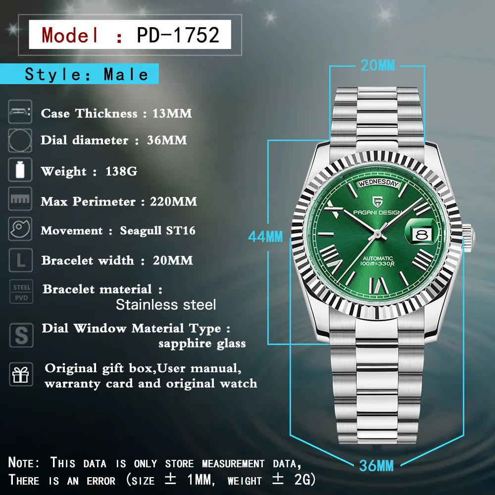 Pagani Design PD-1752S SGN | Daydate Green dial | 36 mm